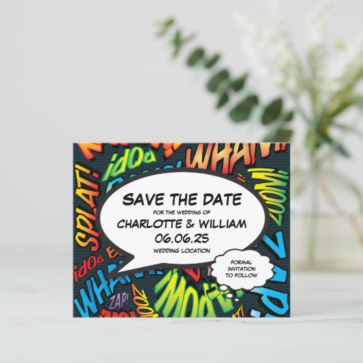 Budget Save the Date Fun Retro Stripboek Pop Art (Staand voorkant)