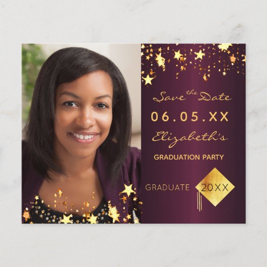 Budget Save the Date graduation party burgundy (Voorkant)