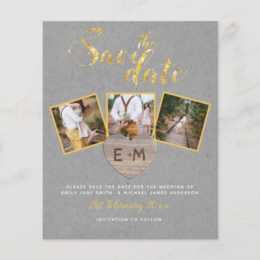 Budget Save The Date Grijs Gouden Foto Collage (Voorkant)