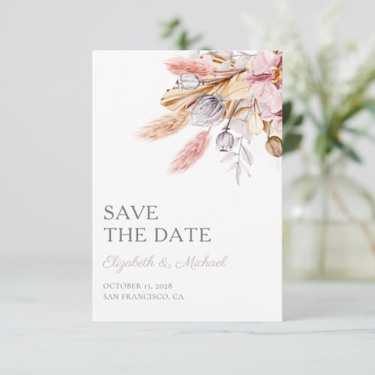 Budget Save the Date Pampas Grass Chic Boho Floral Kaart (Staand voorkant)
