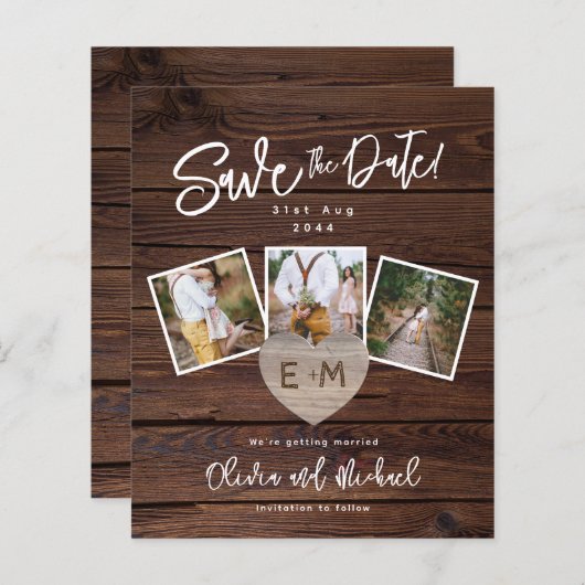 Budget Save The Date Rustiek Hout Goud Foto's Hart (Voorkant / Achterkant)