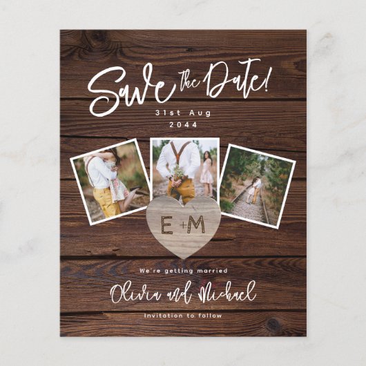 Budget Save The Date Rustiek Hout Goud Foto's Hart (Voorkant)