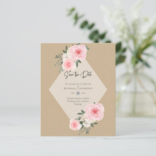 BUDGET SAVE THE DATES - Roze Witte Rozen (Staand voorkant)