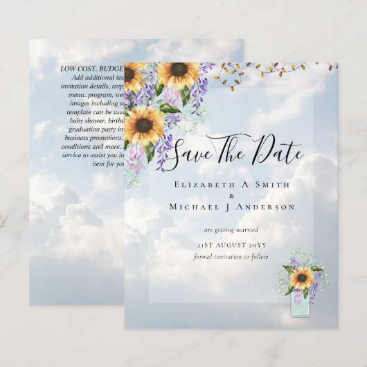 BUDGET SAVE THE DATES Rustieke Zonnebloemen Paars (Voorkant / Achterkant)