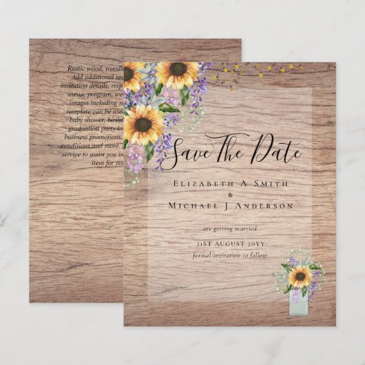 BUDGET SAVE THE DATES Rustieke Zonnebloemen Paars (Voorkant / Achterkant)