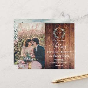 Budget schuur hout monogram foto Bruiloft uitnodig