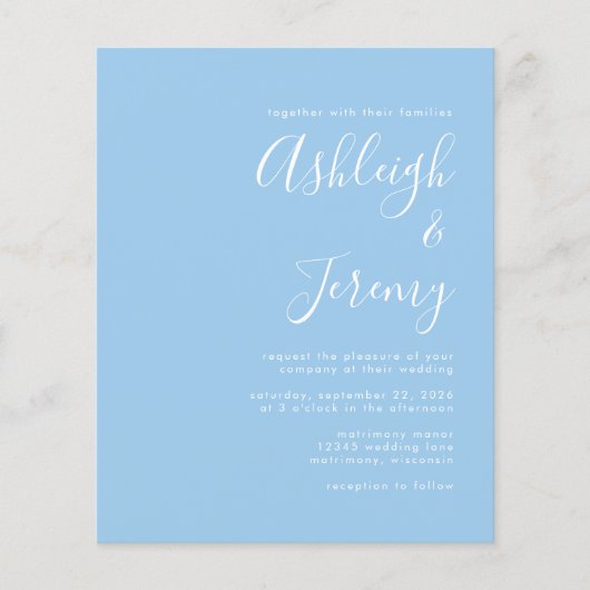 Budget Script Baby Blue Wedding Invitation (Voorkant)
