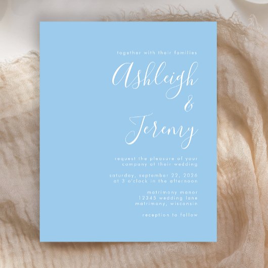 Budget Script Baby Blue Wedding Invitation