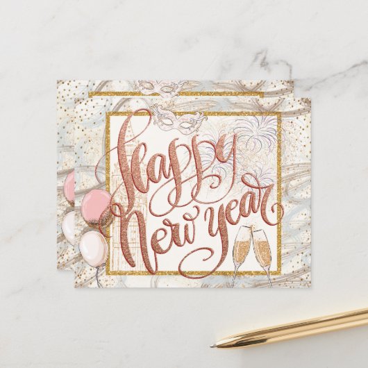 BUDGET Script Champagne Balloons Happy Nieuwjaar (Voorkant / Achterkant in situ)