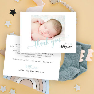 Budget script foto jongen baby shower bedankt notitiekaartje
