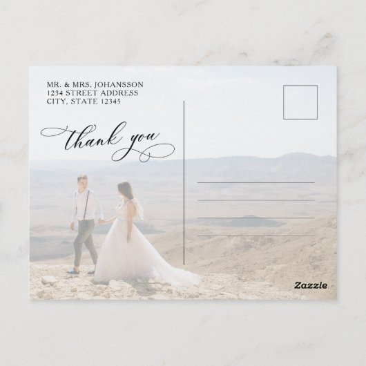 Budget Script Kalligrafie Foto Bruiloft Dank u Briefkaart (Achterkant)