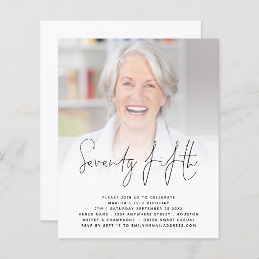 BUDGET Script Photo 75th Birthday Party Invitation (Voorkant / Achterkant)