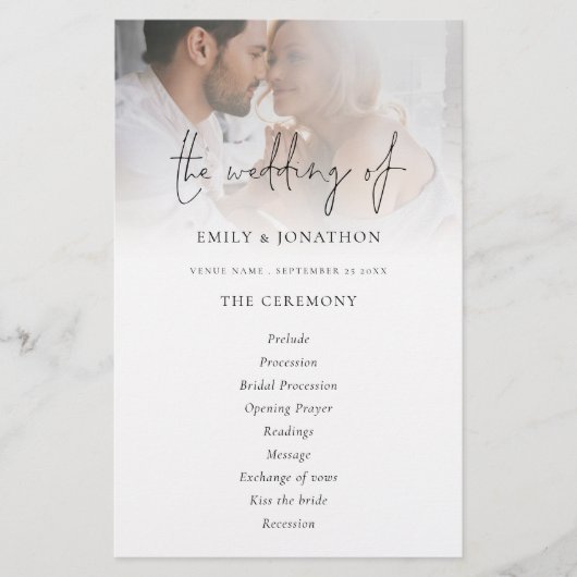 Budget Script Photo Black White Wedding Program (Voorkant)