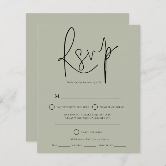 Budget Script Sage Green Wedding RSVP (Voorkant / Achterkant)