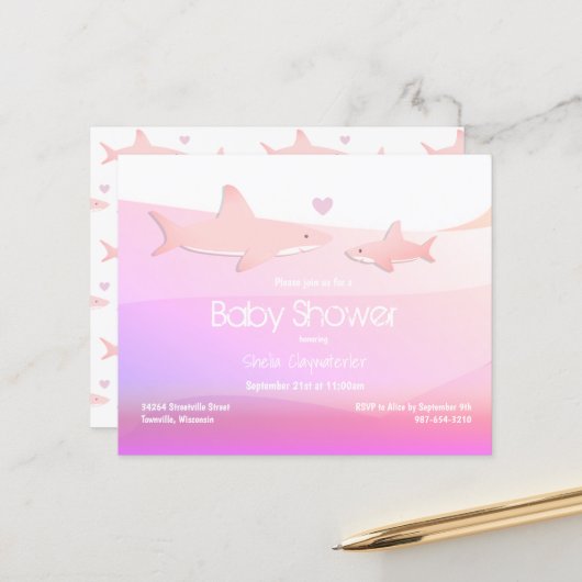 Budget Shark Pink Ocean Baby shower Invitation (Voorkant / Achterkant in situ)