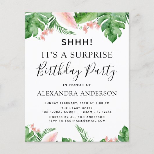 Budget Shhh Surprise Birthday Party tropical Flyer (Voorkant)