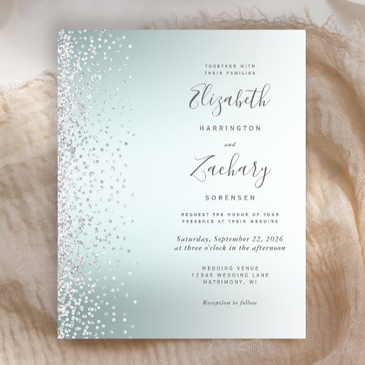 Budget Silver Confetti Aqua Ombre Wedding Invite