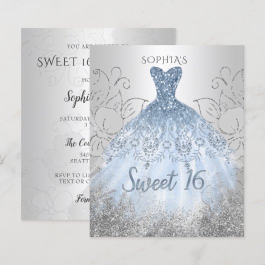 Budget Silver Dusty Blue Dress Sweet 16 Uitnodigin (Voorkant / Achterkant)