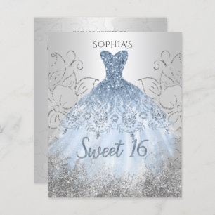 Budget Silver Dusty Blue Dress Sweet 16 Uitnodigin