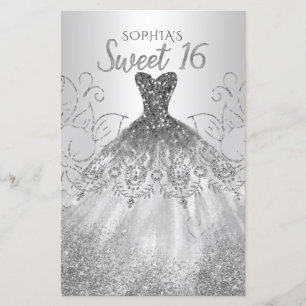Budget Silver Glitter Dress Sweet 16 Uitnodiging