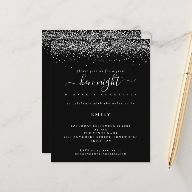 Budget Silver Glitter Hen Night Black Uitnodiging (Voorkant / Achterkant in situ)