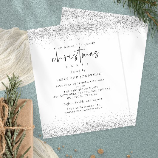 Budget Silver Glitter-kerstfeest White Invite