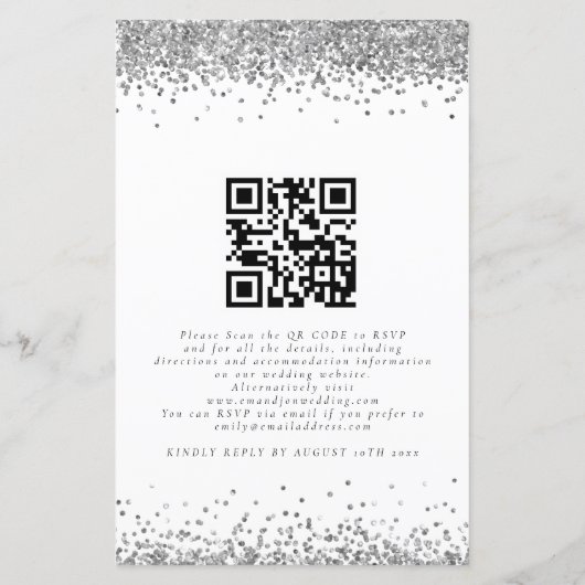 Budget Silver Glitter QR Code Weddenschap Uitnodig (Achterkant)