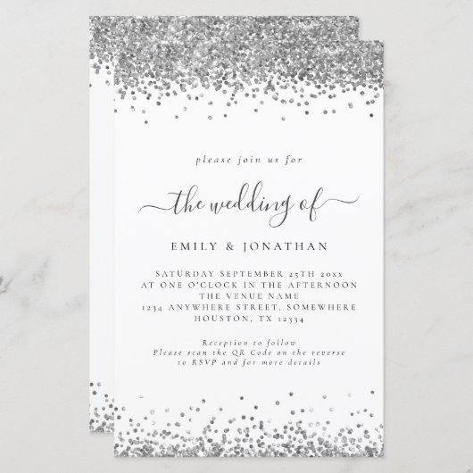 Budget Silver Glitter QR Code Weddenschap Uitnodig (Voorkant / Achterkant)