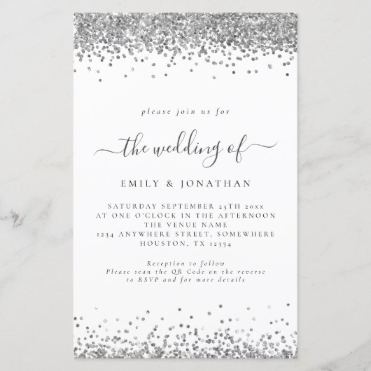 Budget Silver Glitter QR Code Weddenschap Uitnodig (Voorkant)