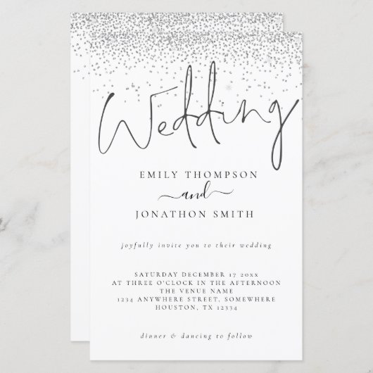 Budget Silver Glitter Script Weddenschappen Uitnod (Voorkant / Achterkant)