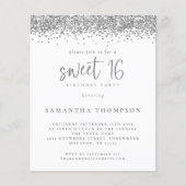 Budget Silver Glitter Sweet 16 Uitnodiging (Voorkant)