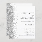 Budget Silver Glitter White Wedding Invitation (Voorkant / Achterkant)