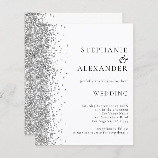 Budget Silver Glitter White Wedding Invitation (Voorkant / Achterkant)