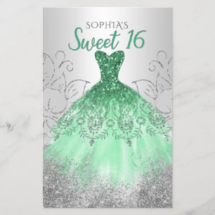 Budget Silver Green Dress Sweet 16 Uitnodiging