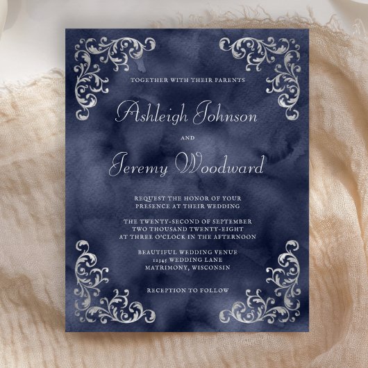Budget Silver Navy Blue Wedding Uitnodiging