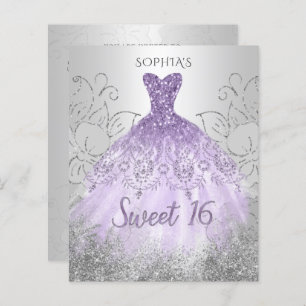 Budget Silver Paarse Dress Sweet 16 uitnodiging
