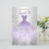 Budget Silver Paarse Dress Sweet 16 uitnodiging (Staand voorkant)