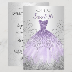 Budget Silver Paarse Dress Sweet 16 uitnodiging