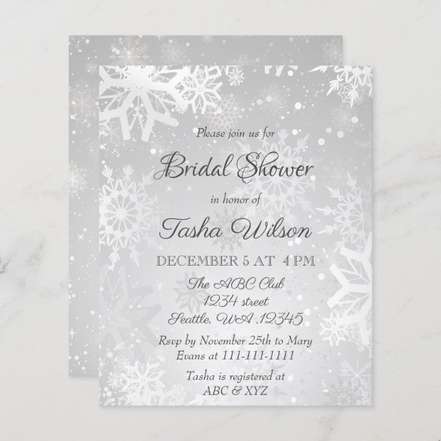 Budget Silver Snowflakes Bridal Shower Uitnodiging (Voorkant / Achterkant)
