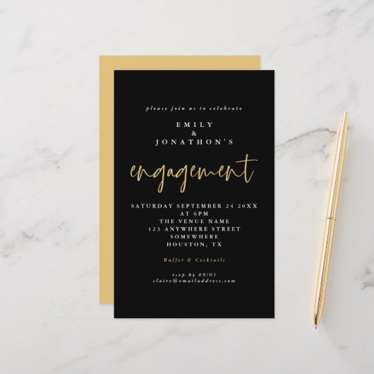 Budget Simple Black Gold Script Verloving Uitnodig (Voorkant / Achterkant in situ)
