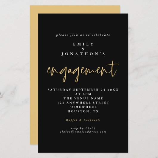 Budget Simple Black Gold Script Verloving Uitnodig (Voorkant / Achterkant)