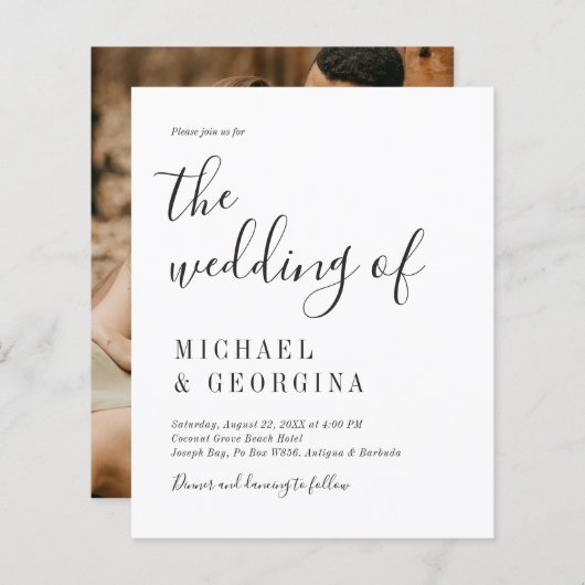 Budget Simple Black White Photo Weduwen Uitnodigin (Voorkant / Achterkant)