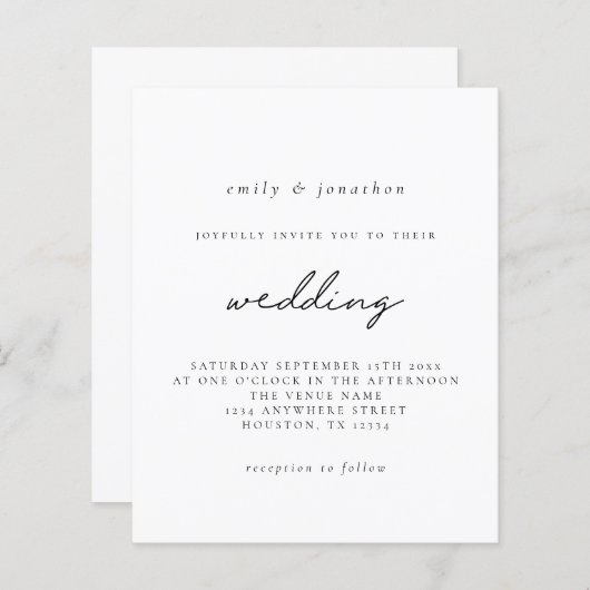 Budget Simple Black White Script Wedding Invite (Voorkant / Achterkant)
