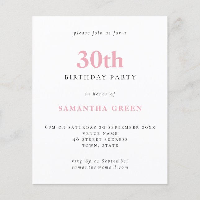 Budget Simple Blush Pink 30th Birthday Invitation (Voorkant)