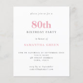 Budget Simple Blush Pink 80th Birthday Invitation (Voorkant)