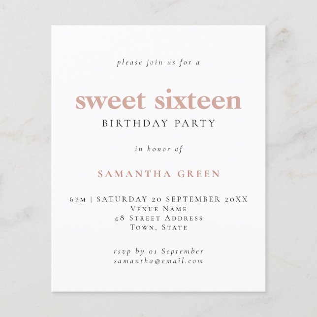 Budget Simple Blush Sweet 16 Birthday Invite (Voorkant)