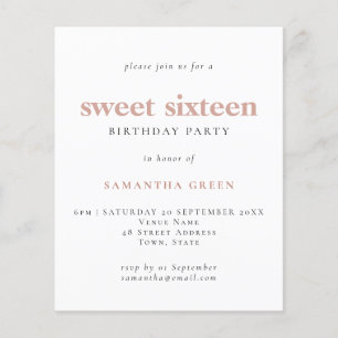 Budget Simple Blush Sweet 16 Birthday Invite