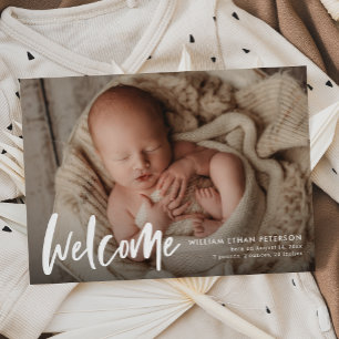 Budget Simple Calligraphy Baby Three Photo Birth Aankondiging