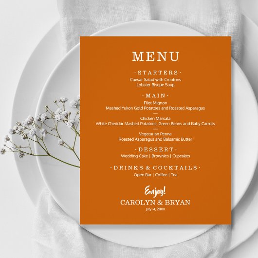 Budget Simple Elegant Burnt Orange Menu Mariage