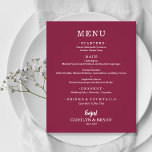 Budget Simple Elegant Cranberry Mariage Menu<br><div class="desc">Une petite carte de menu à prix abordable avec vos choix de nourriture en lettres blanches chic est parfaite pour une réception de mariage moderne, un dîner de répétition mariage, une fête d'anniversaire ou tout événement spécial avec un dîner assis. *Mesure 4, 5 po x 5, 6 po (ou choisir...</div>